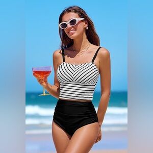 Striped Black and White tankini Set